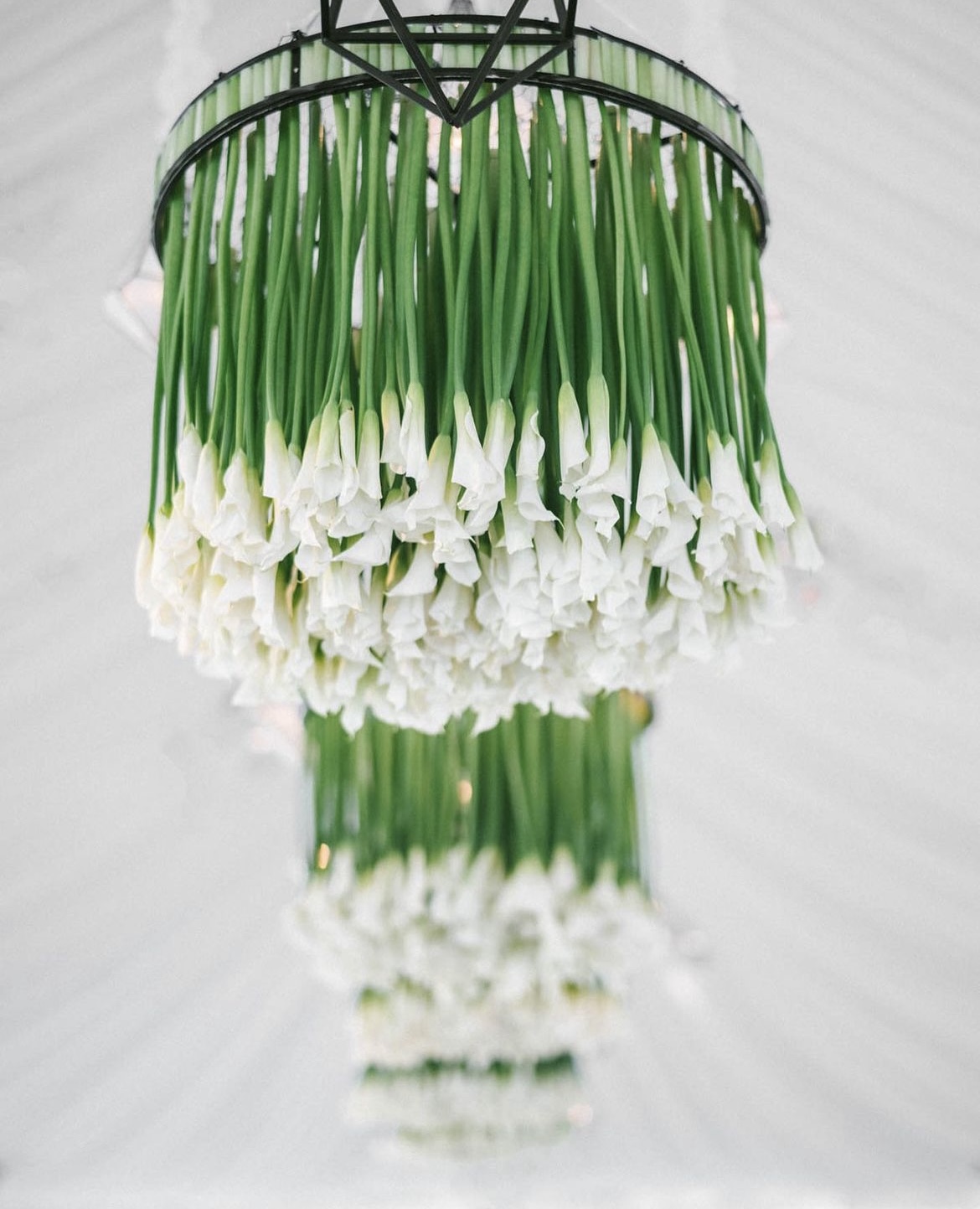 A floral light fixture for a tented wedding.